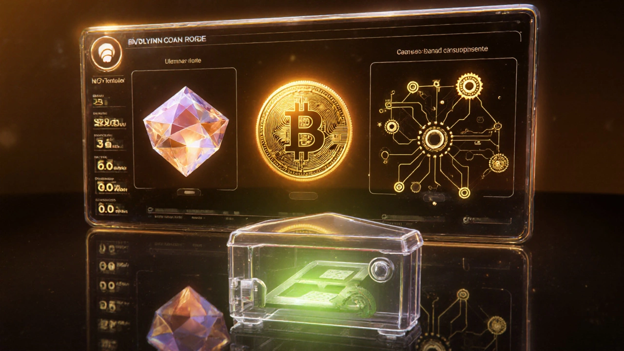 Holografické rozhraní ukazující NFT, token, smart contract a peněženku.