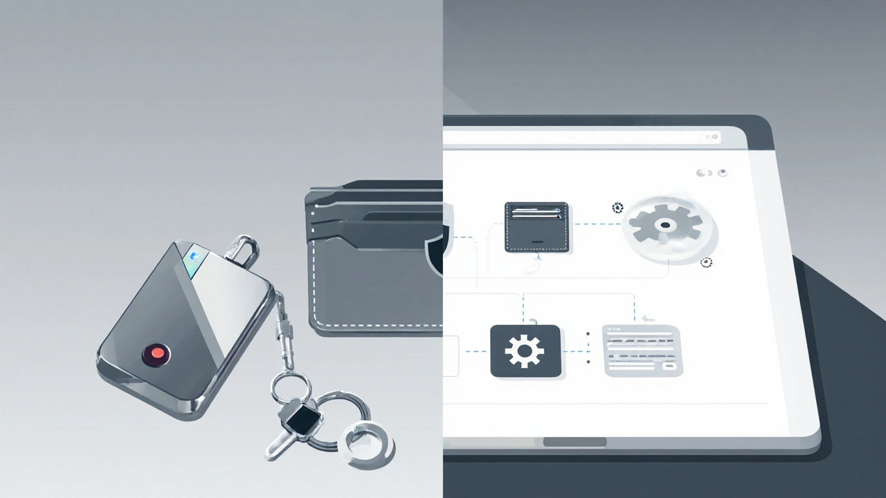Stůl s hardware peněženkou na levé straně a laptopem s software peněženkou na pravé.