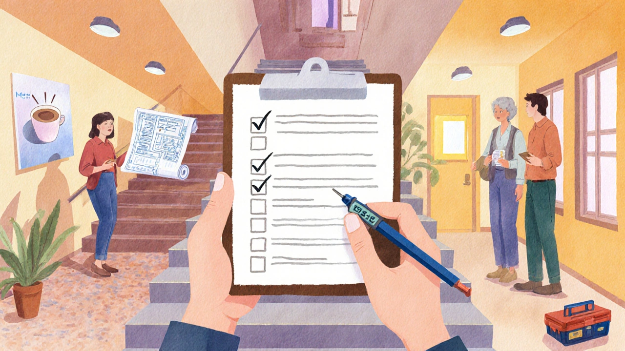 Checklist s setkáním sousedů, měřením hluku a technickou inspekcí na schodišti.