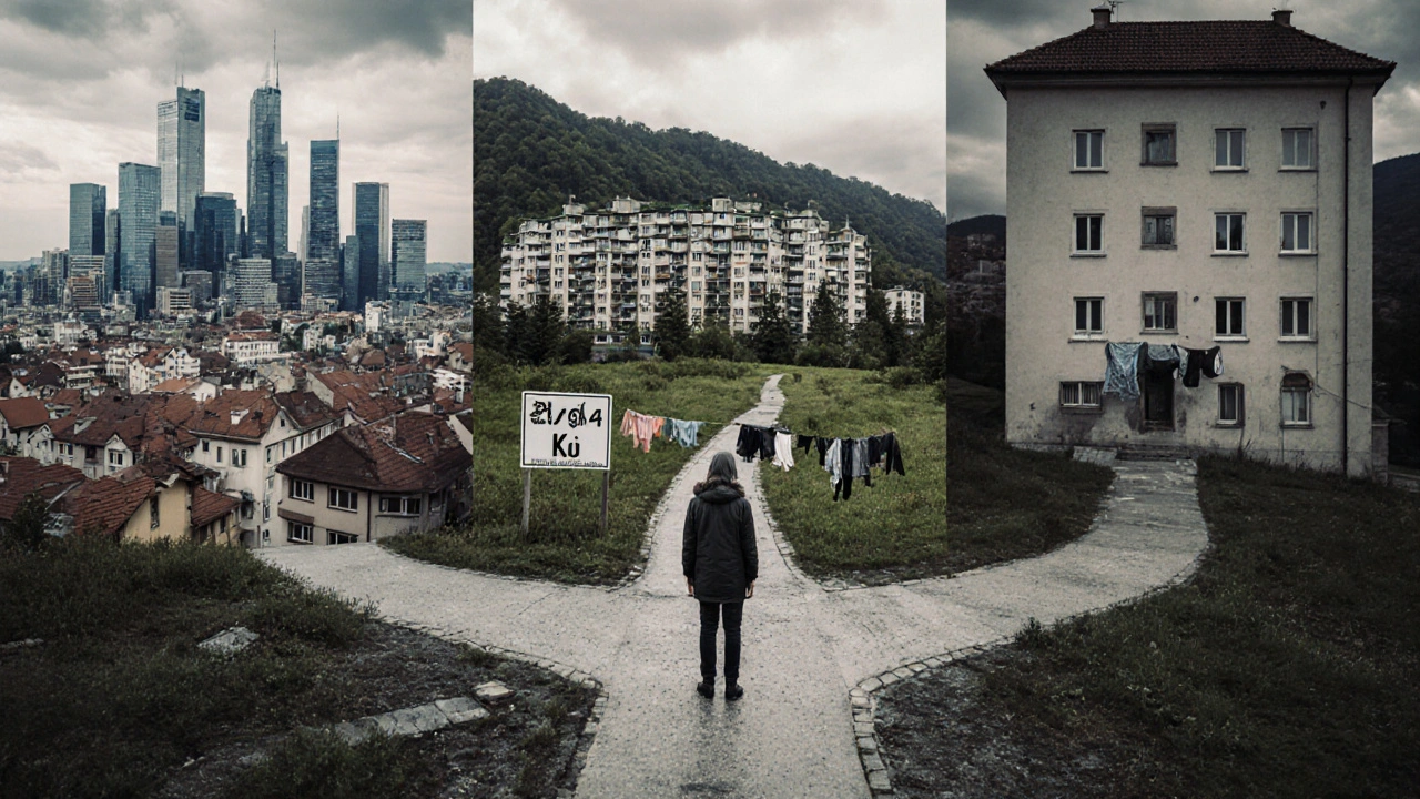 Člověk na rozcestí s třemi cestami vedoucími do různých typů bydlení v Česku v roce 2025.