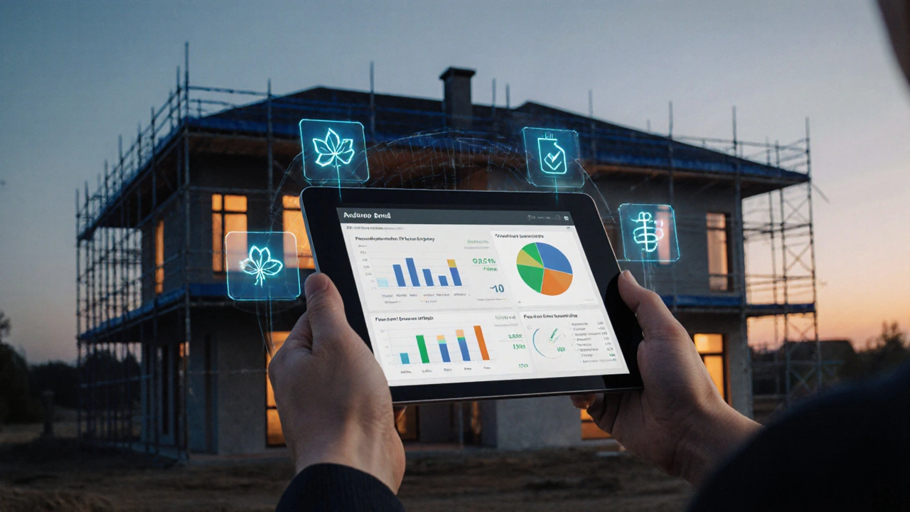 Digitální dashboard ukazuje pokrok výstavby a zelené energetické ikony u polostavěného domu.