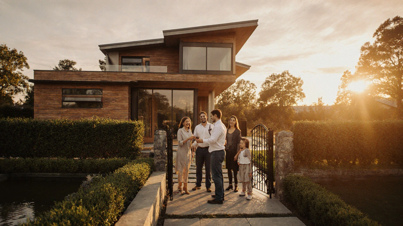 Hotový rodinný dům při západu slunce, rodina přebírá klíče
