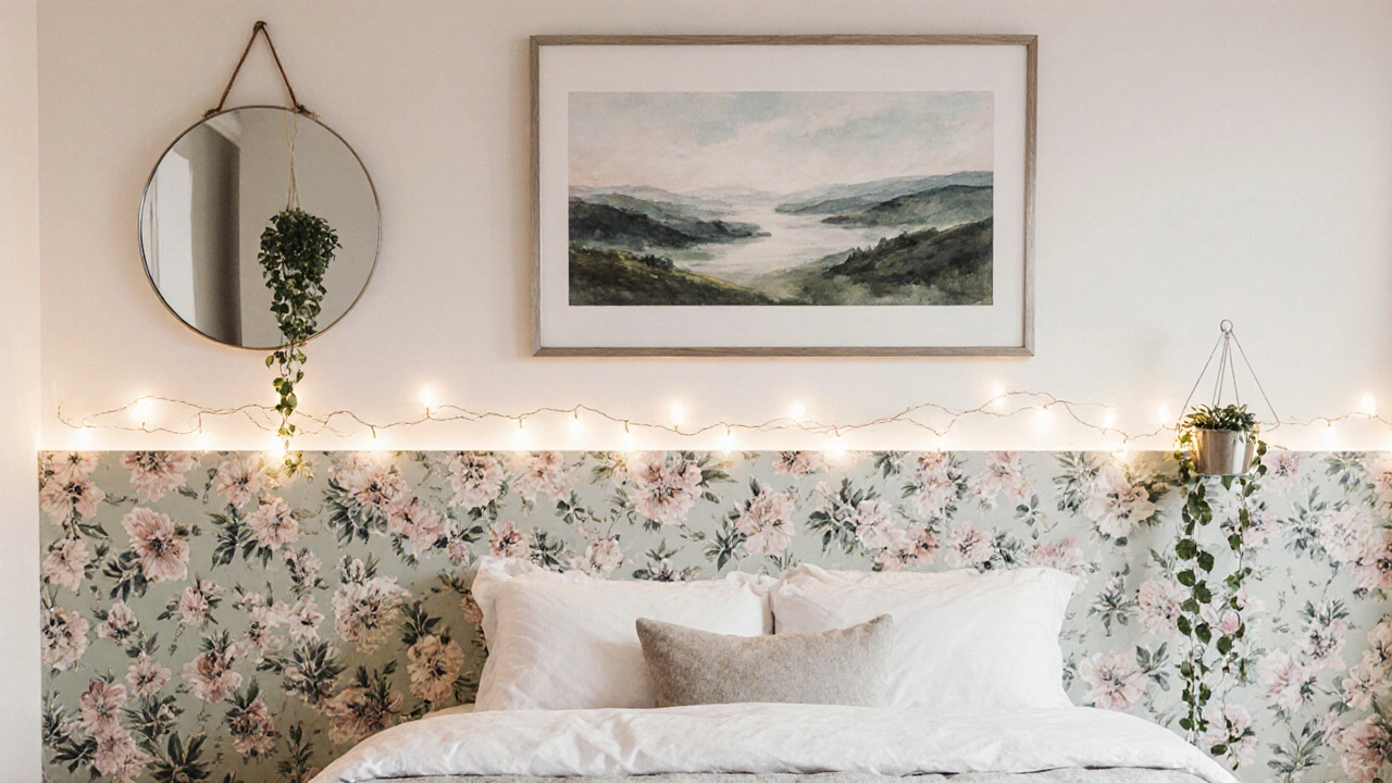 Kompletně vyzdobená stěna za postelí s obrazem, zrcadlem, tapetou a světelným řetězem.