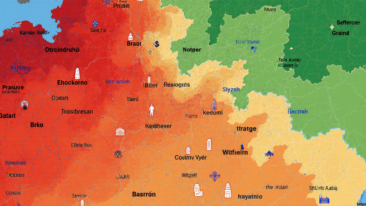 Mapa Česka s barvovými gradienty ukazujícími ceny nájmu, s postavami se přesunujícími z drahých do levnějších oblastí.