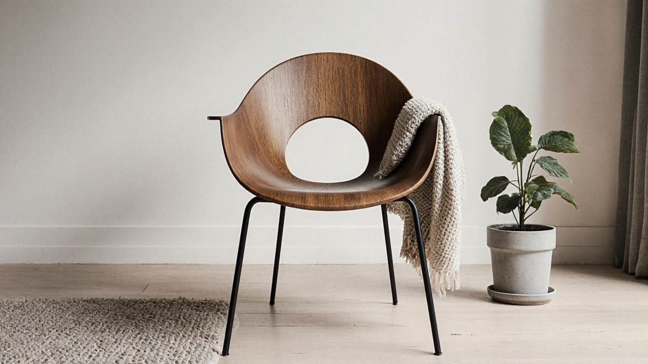 Moderní křeslo diabola s černými kovovými nohama v minimalistickém prostředí.