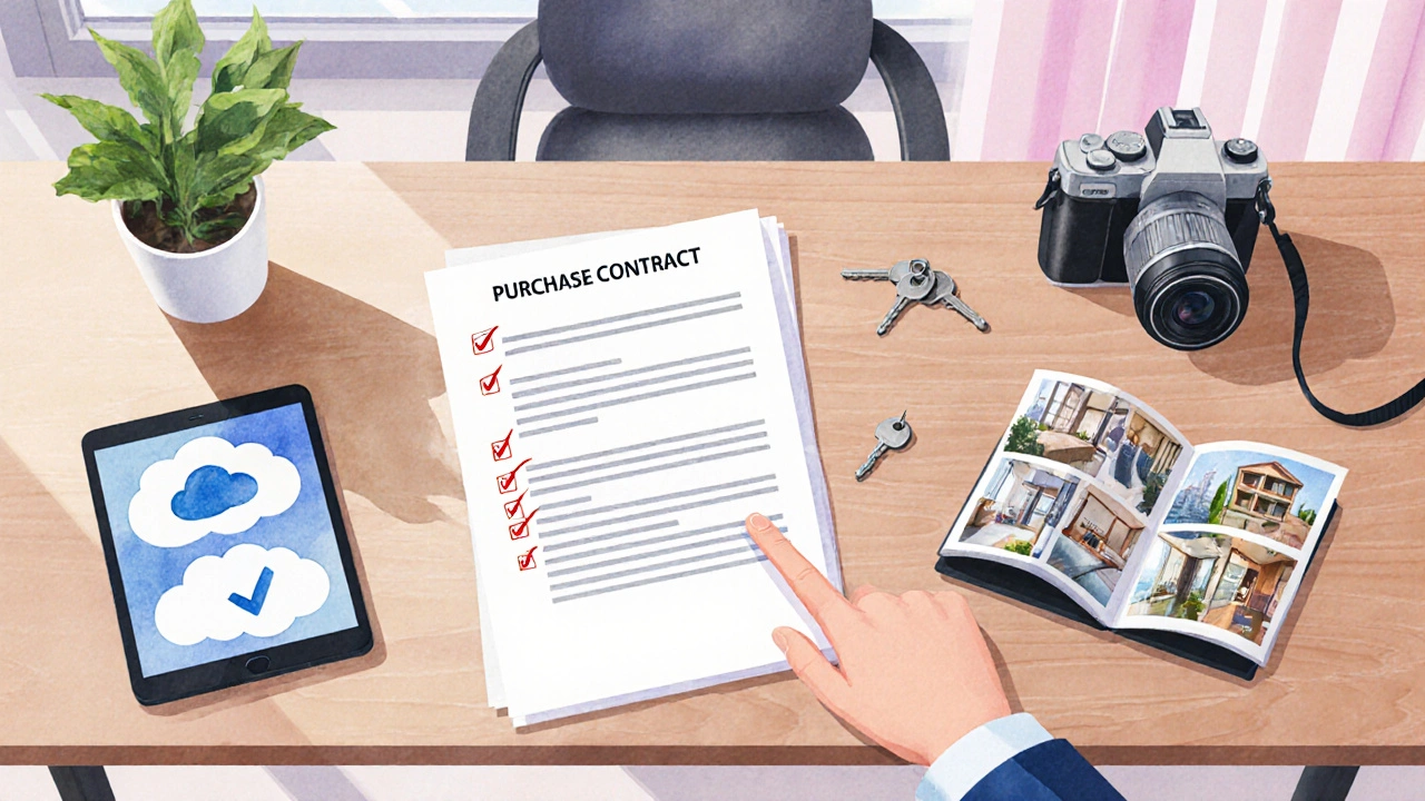 Na stole jsou kupní smlouva, klíče, foto dokumentace a právník ukazuje důležitou klauzuli.