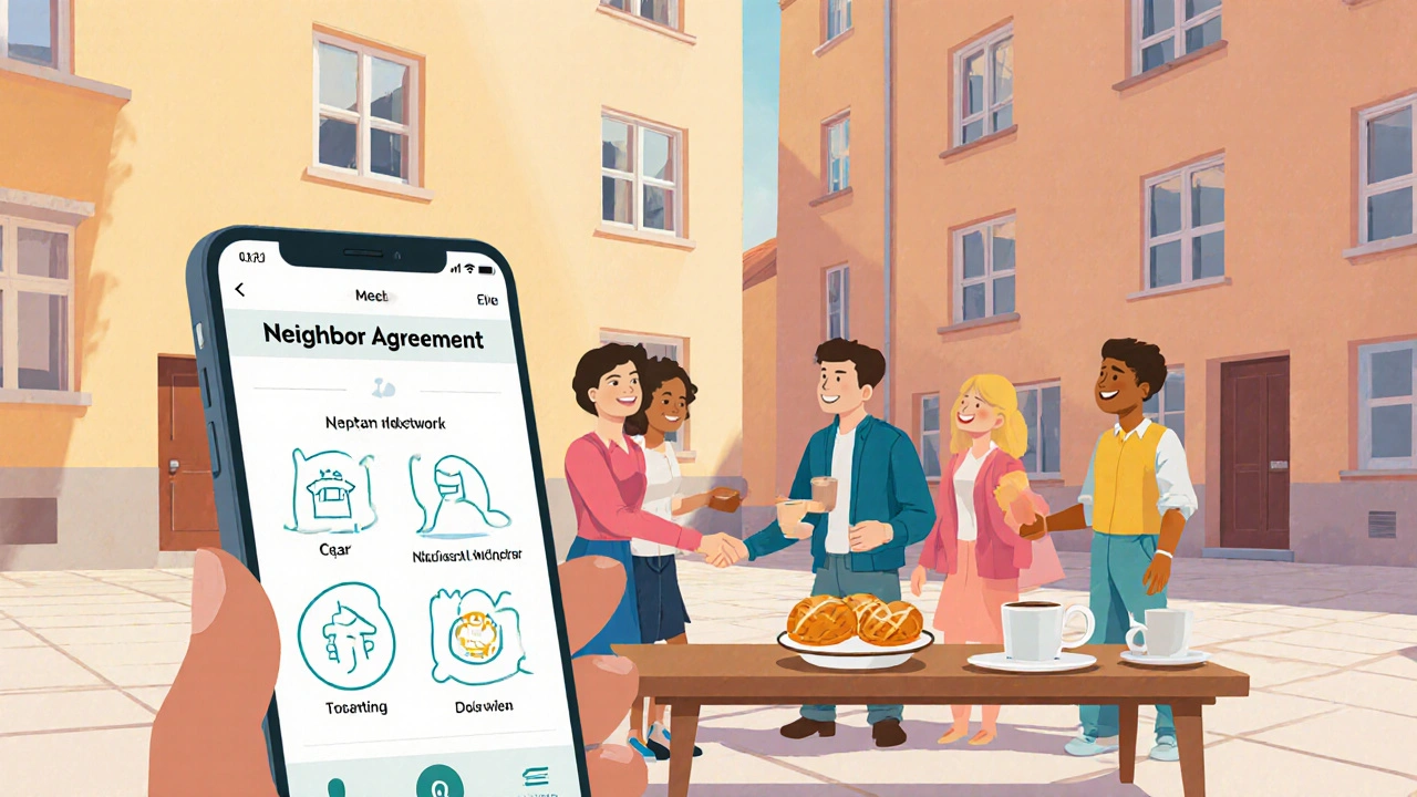 Noví a stávající sousedi se setkávají na dvoře, v ruce mají smartphone s aplikací pro sousedskou dohodu.