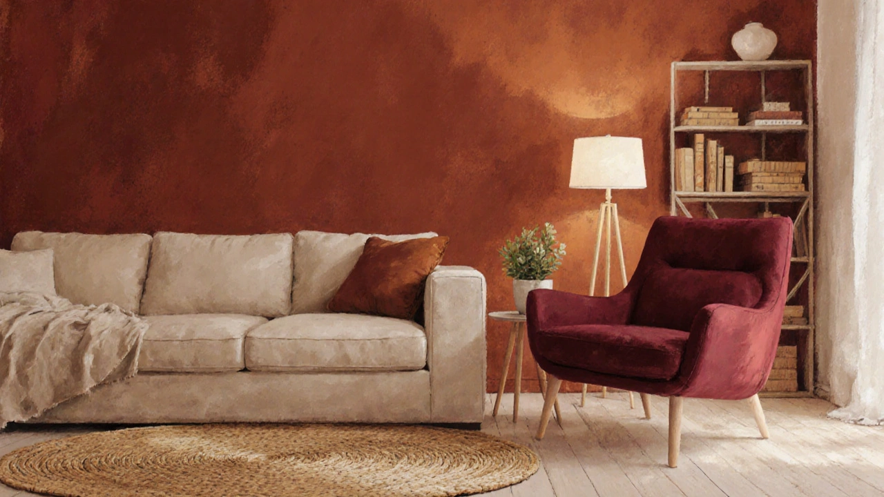 Obývací pokoj s jednou červenou stěnou a neutrální nábytkem.