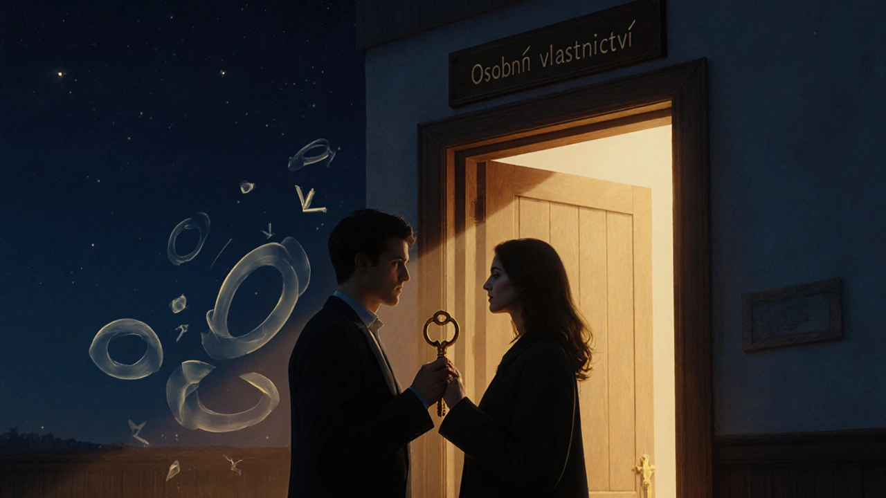 Pár drží klíč před dveřmi s nápisem Osobní vlastnictví, zvedá se modrá obloha.
