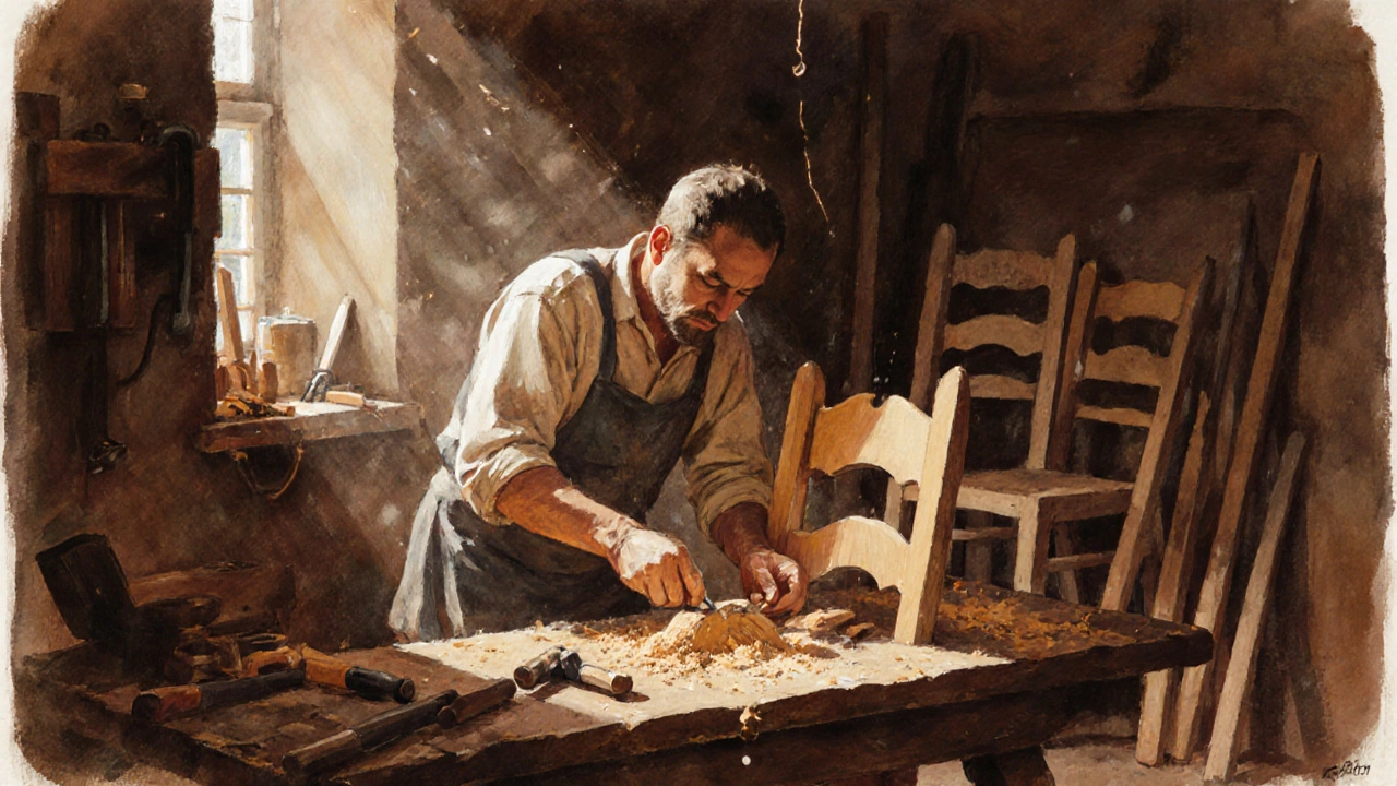 Řemeslník ručně řeže výřez do dřevěného záda křesla v dílně v Brně.