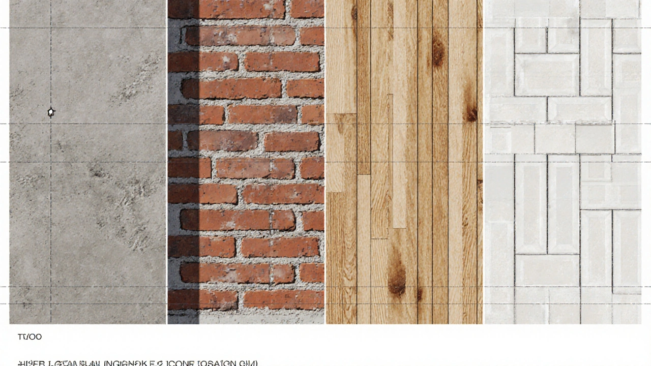 Různé stavební materiály – beton, cihla, dřevo, Ytong – ukázány na čtyřech částech stavby