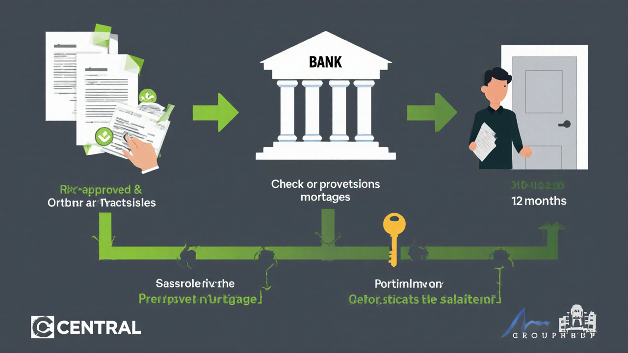 Schéma procesu získání předschválené hypotéky pro novostavbu.