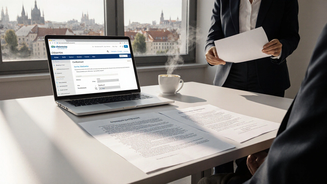 Stůl s dokumenty, smlouvou, laptopem Portálu občana a bankovním úvěrovým formulářem.