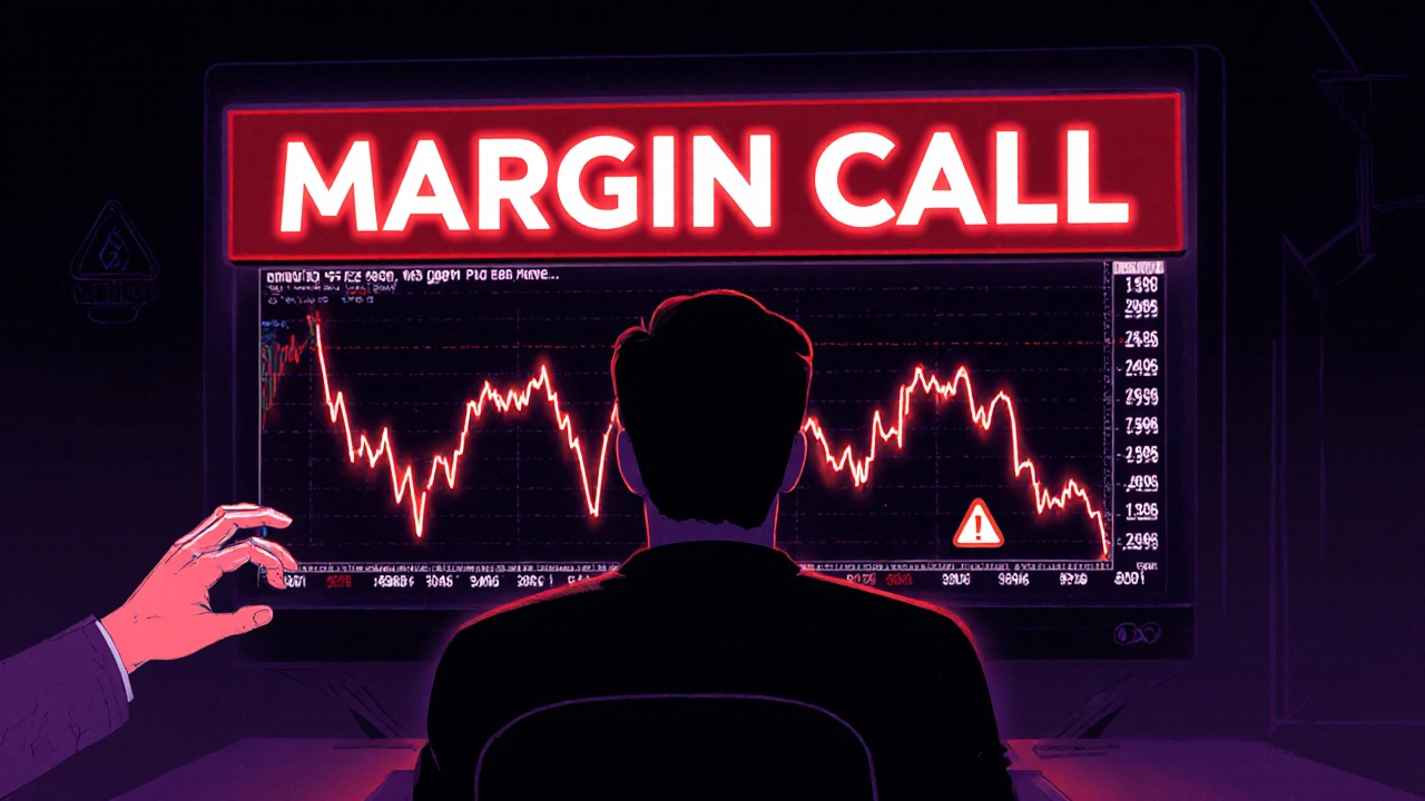 Temná scéna margin callu, červená varování a padající cena kryptoměny.
