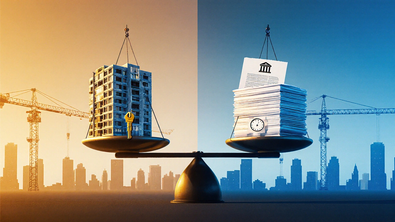Váha mezi klíči k bytu a dokumenty hypotéky v kontextu výstavby.