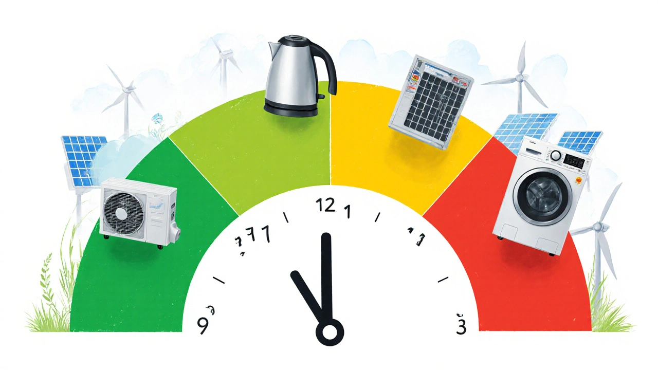 24-hour clock with color-coded electricity price periods and appliances aligned to optimal usage times.
