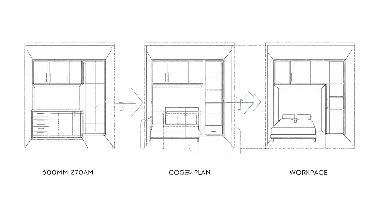 Architektonický náčrt tří různých uspořádání modulárního nábytku v jednom prostoru s označenými rozměry.