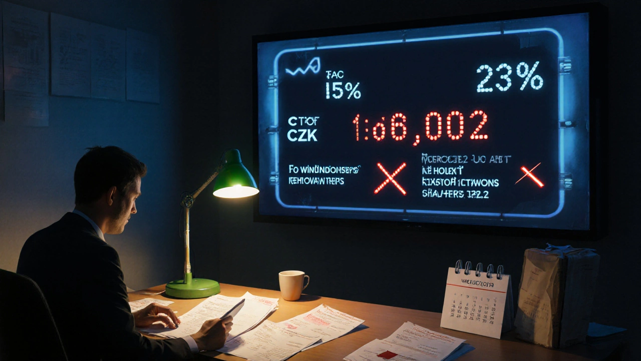 Daňový úředník v kanceláři při kontrole dokladů, na stěně viditelná hranice 1,676,052 Kč.