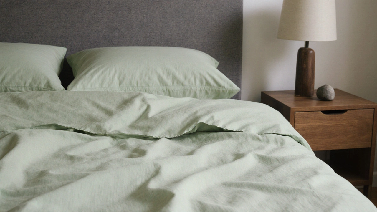 Detail kvalitního povlčení z egyptské bavlny v pastelové zeleni s viditelnými přírodními vlákny a tichým osvětlením.