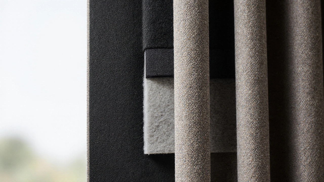 Detail třívrstvého zatemňovacího závěsu s hustou texturou a bez úniku světla.