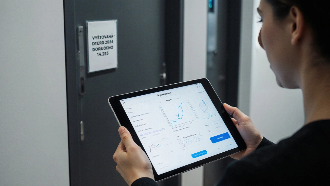 Digitální vyúčtování na tabletu v bytovém domě s časovým údajem doručení.