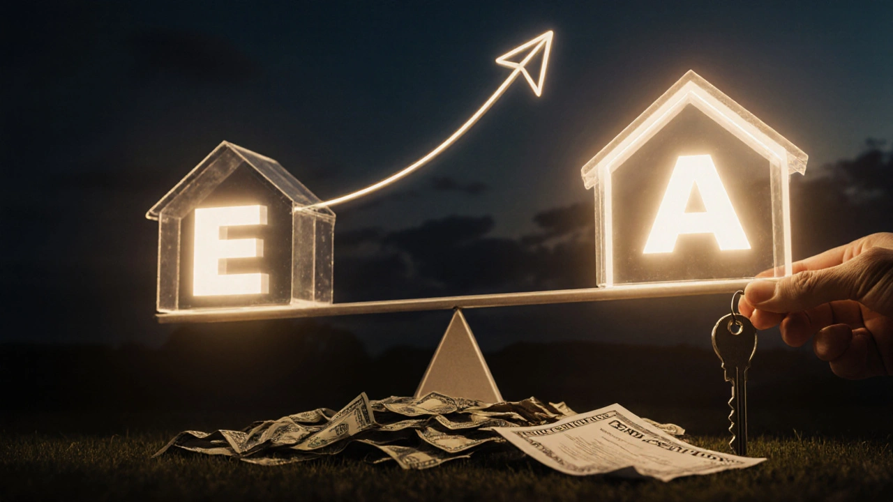 Dům s energetickou třídou E postupně mizí pod hromadou peněz, zatímco dům s třídou A září jako výhodná volba.