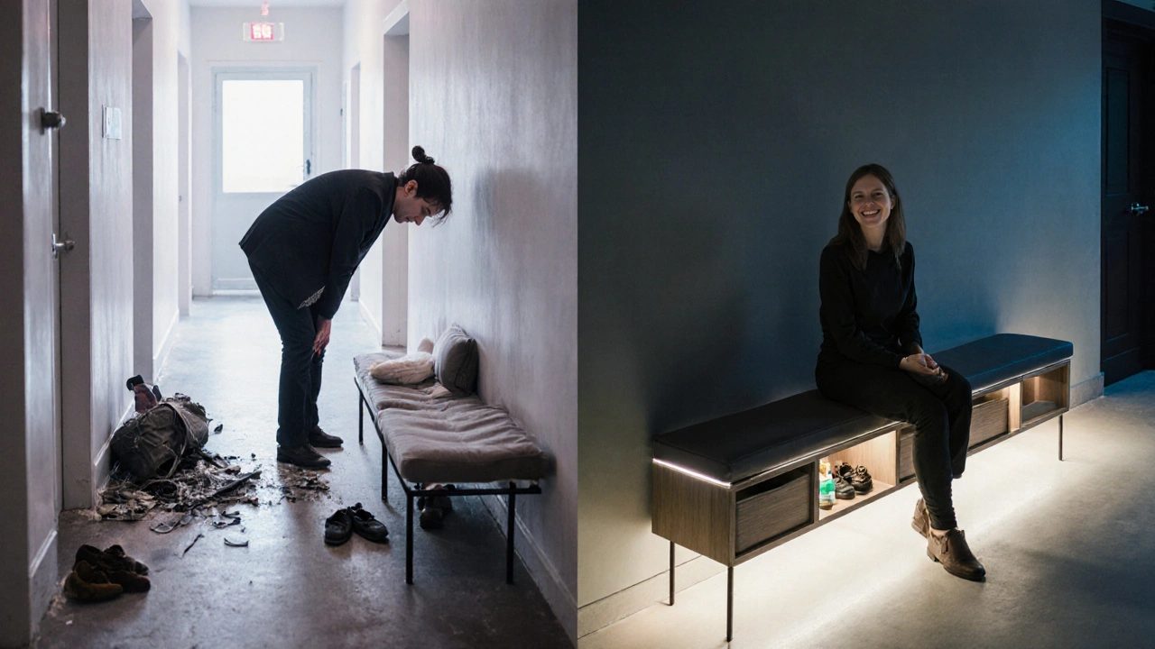 Dvě části chodby: jedna s poškozenou lavicí a nepořádkem, druhá s ergonomickou lavicí a pořádkem.