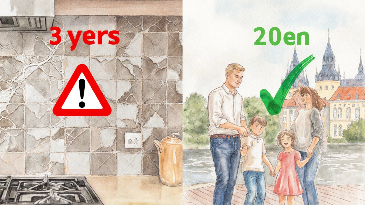 Dvě části kuchyně: jedna s poškozenými levnými dlaždicemi, druhá s trvanlivými kvalitními.