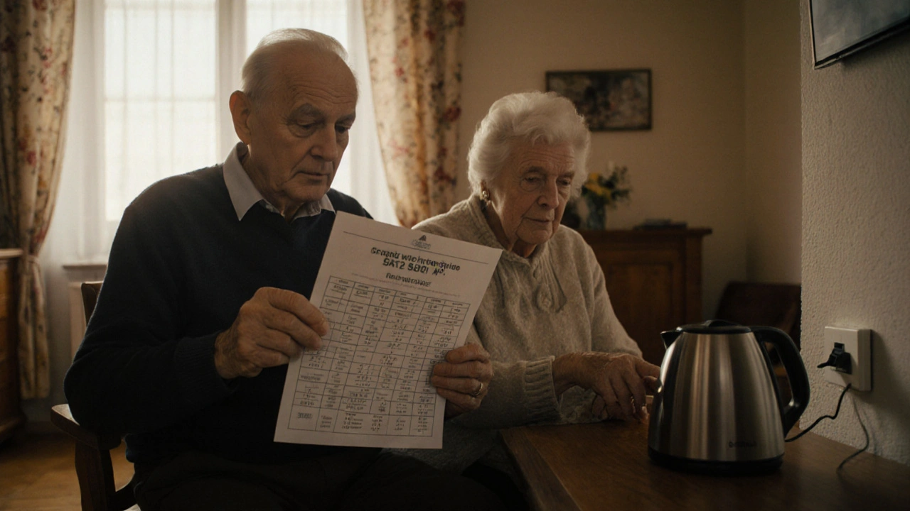 Elderly couple in living room using printed schedule to manage electricity usage with smart plug.