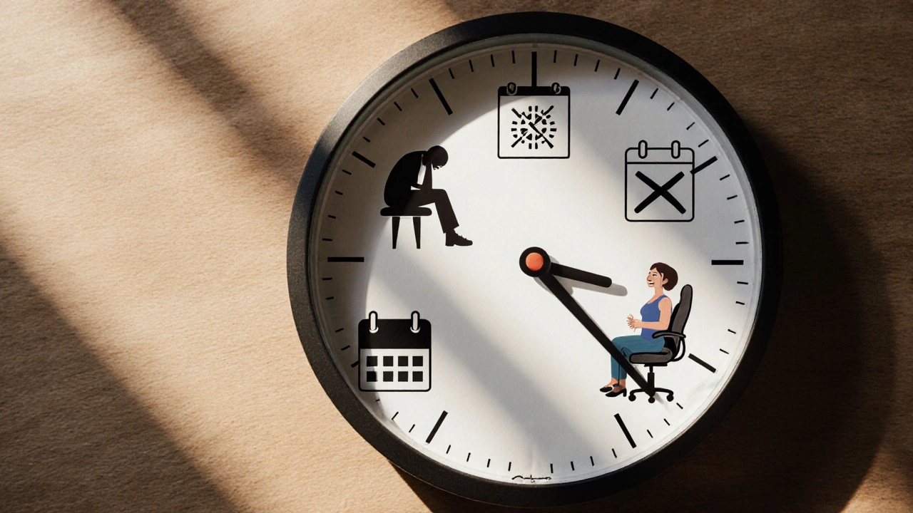 Hodiny s ikonami představujícími zdravotní dopady sedění a výhody ergonomické židle.