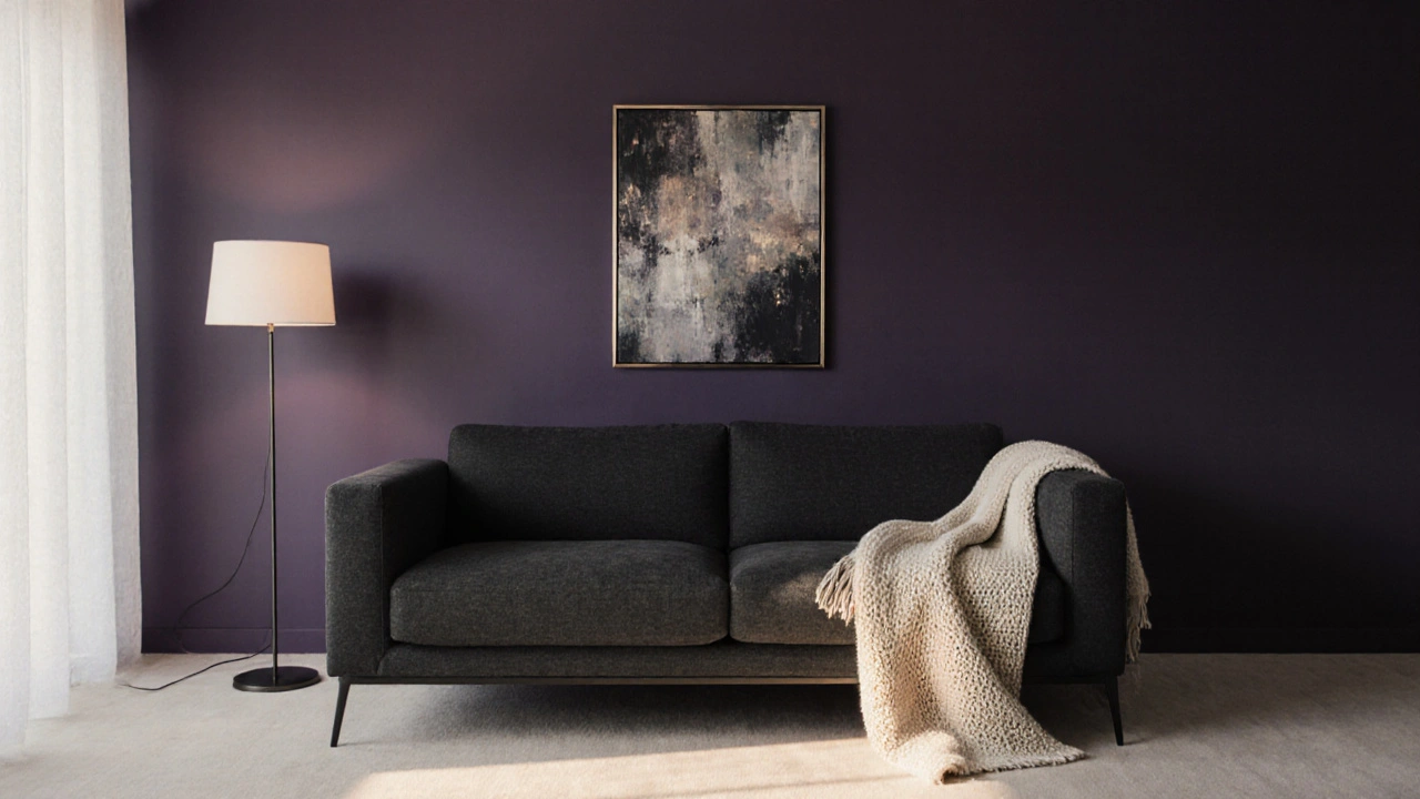 Jedna fialová akcentová stěna v minimalistickém obývacím pokoji s neutrálním nábytkem a měkkým osvětlením.