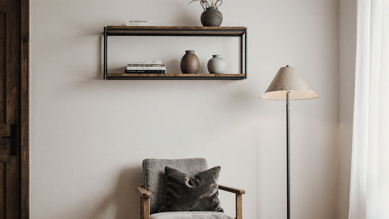 Jednoduchá kovová police a lampy jako industriální akcenty v malém bytě.