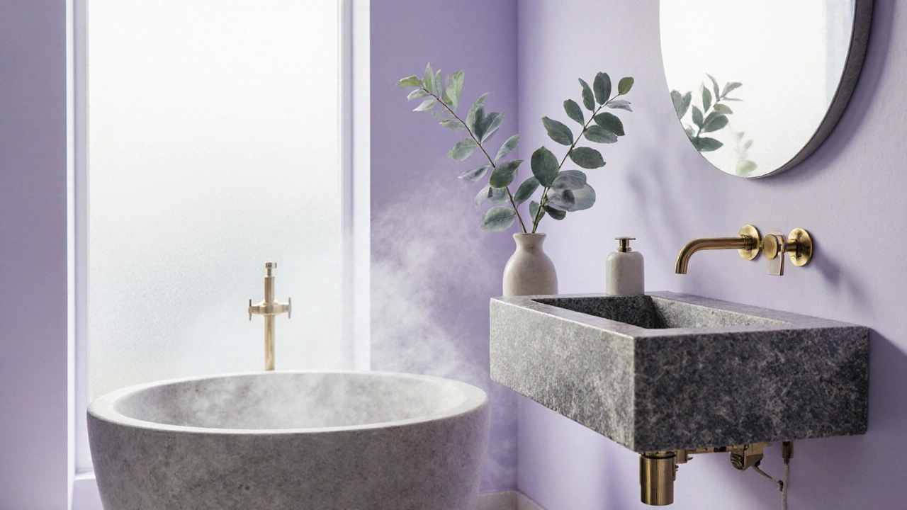 Jemně fialová koupelna s mosaznými detaily a přirozeným světlem, která vytváří spa atmosféru.