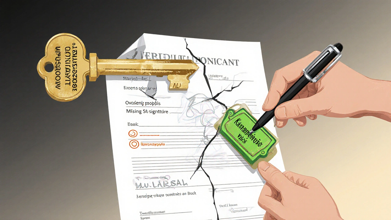 Klíč tvaru smlouvy s chybami, který je opravován podpisem a katastrálním výpisem, symbolizující řešení.