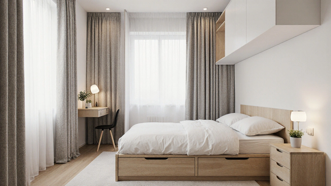 Kompaktní ložnice 8m² s podlahovými šuplíky, příčkou a přehazovaným koutkem pro čtení.