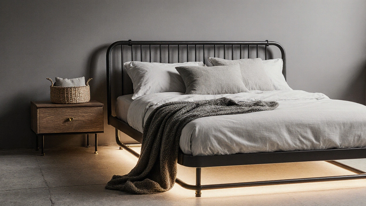 Kovová postel s integrovaným roštěm a jemným LED osvětlením ve spalně.