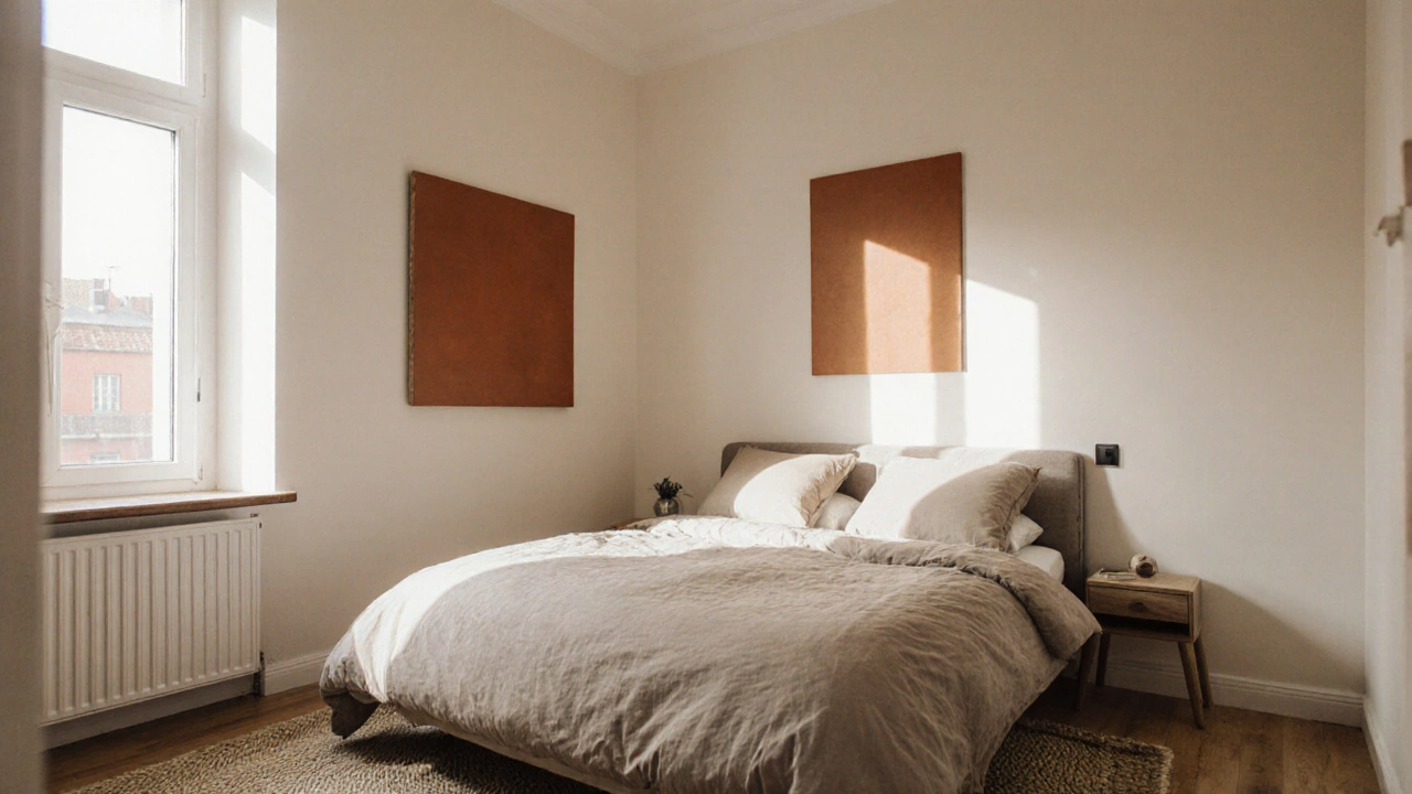 Malý byt s krémovými stěnami, taupe předměty a terakotovým obrazem jako akcentem, osvětlený přirozeným světlem.