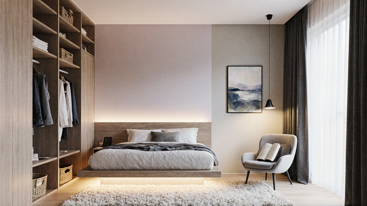 Minimální ložnice s třemi zónami: postel, šatna a čtecí koutek, osvětlená teplým světlem.