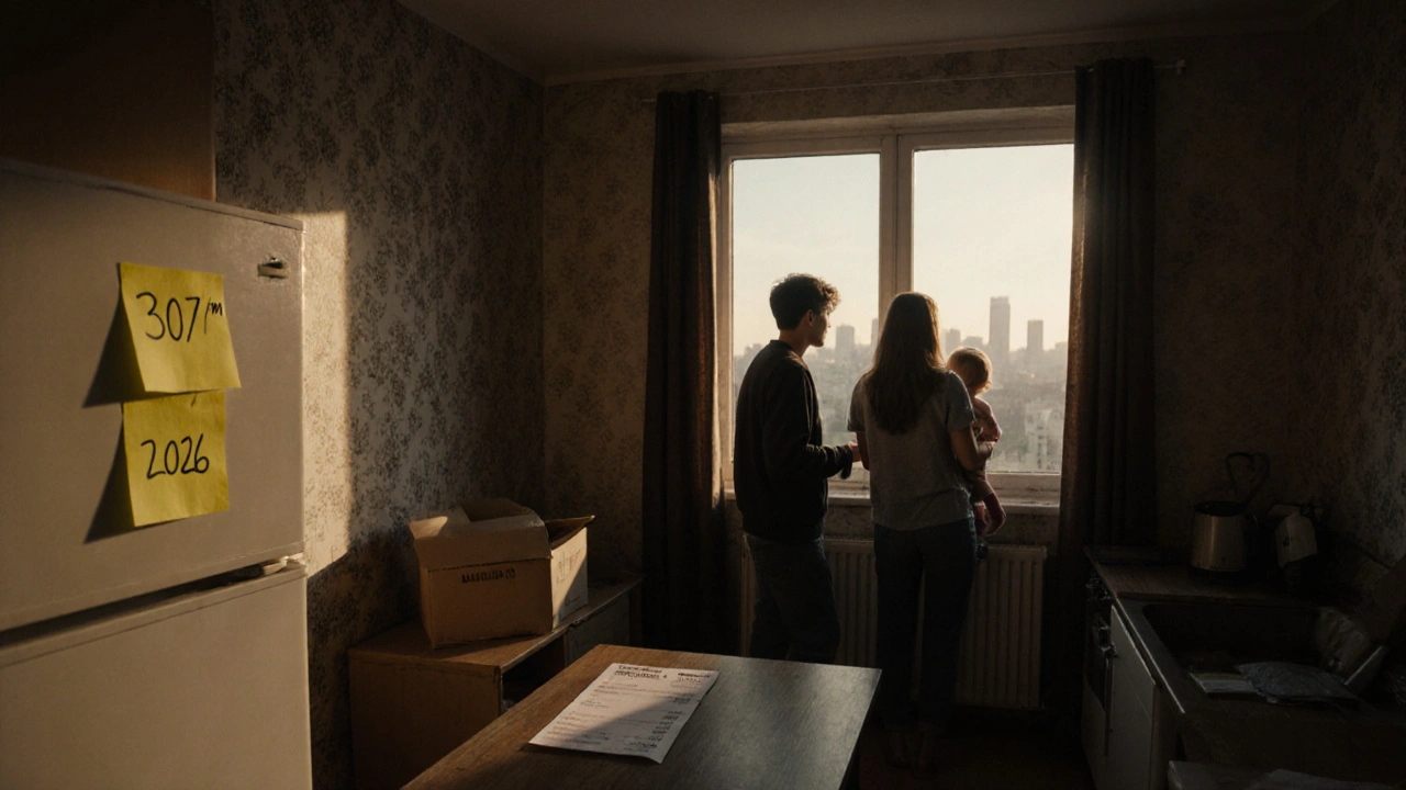 Mládence s dítětem v malém bytě v regionu hledí na vzdálenou Prahu, na stole nájemní list.