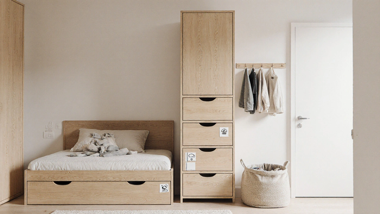 Modulární nábytek s integrovanými zásuvkami pod postelí, komodou a košem na špinavé oblečení v přirozených tonech.