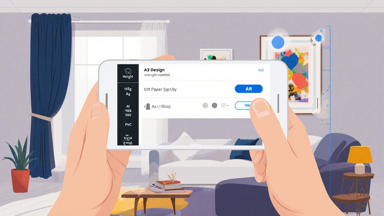 Osoba si na telefonu náhleduje plakát na zdi s možnostmi papíru a povrchové úpravy.