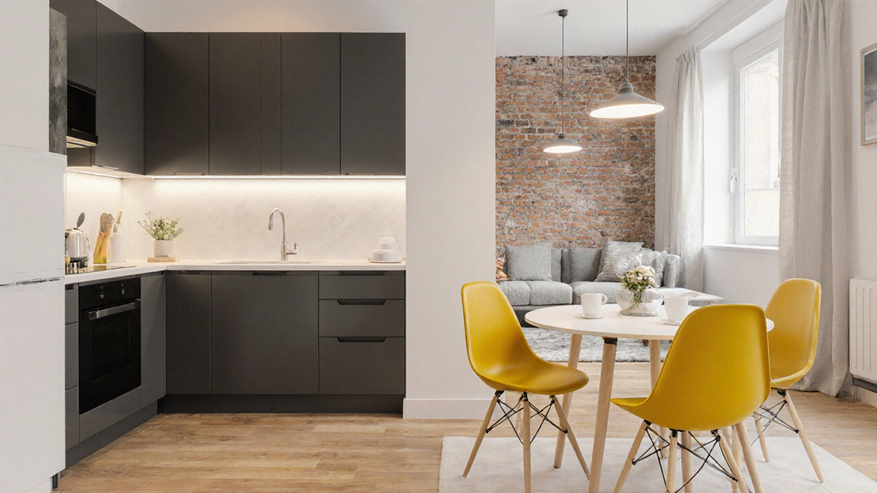 Otevřený byt s tmavými kuchyňskými skříněmi, bílým obývacím prostorem a žlutými židlemi v jídelní zóně.