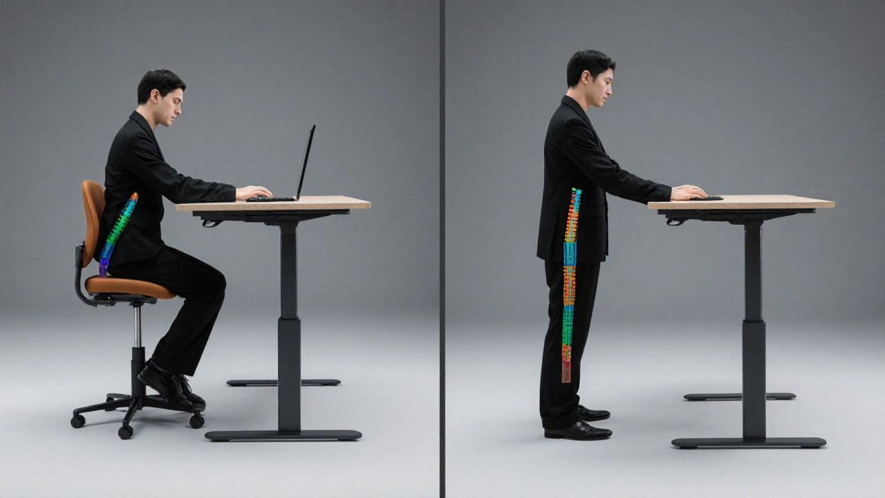 Porovnání postojů při práci na nízkém a výškově nastavitelném stole, ergonomické linie těla.