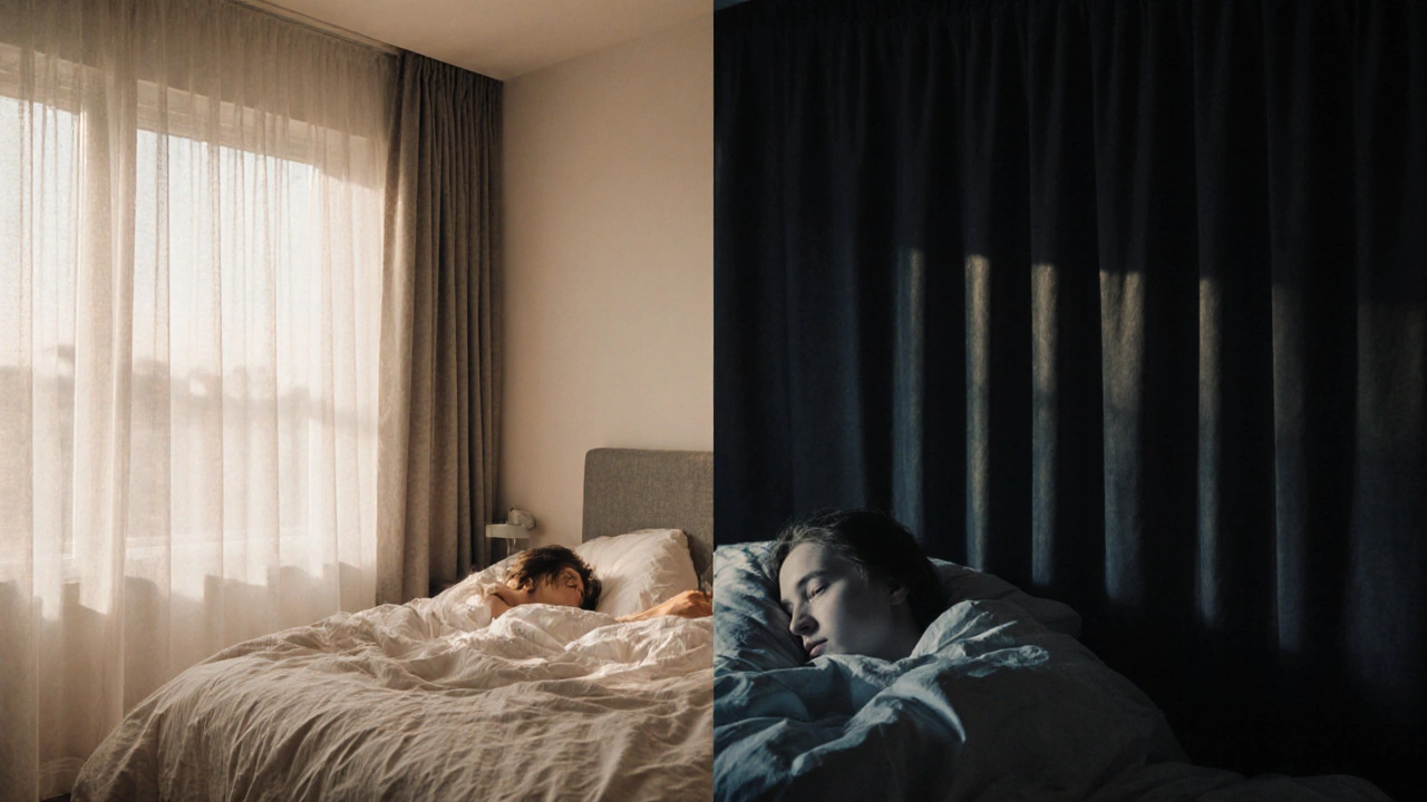 Porovnání světlé a tmavé ložnice: závěsy zajišťují klidný spánek.