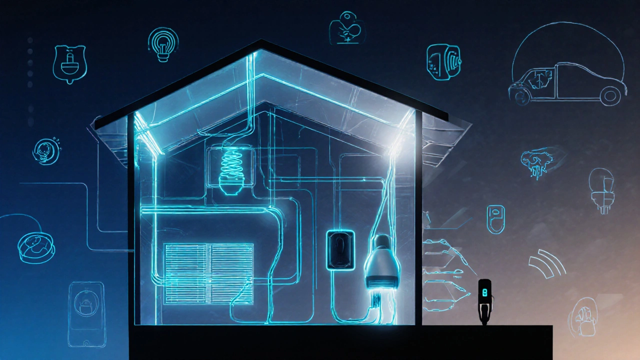Přehledový náčrt chytrého domu s proudy dat tekoucími po elektrických vedeních.