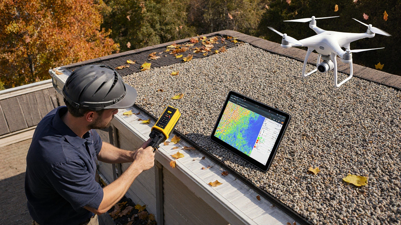 Profesionál provádí elektroimpulzní kontrolu ploché střechy s pomocí digitálního zařízení.