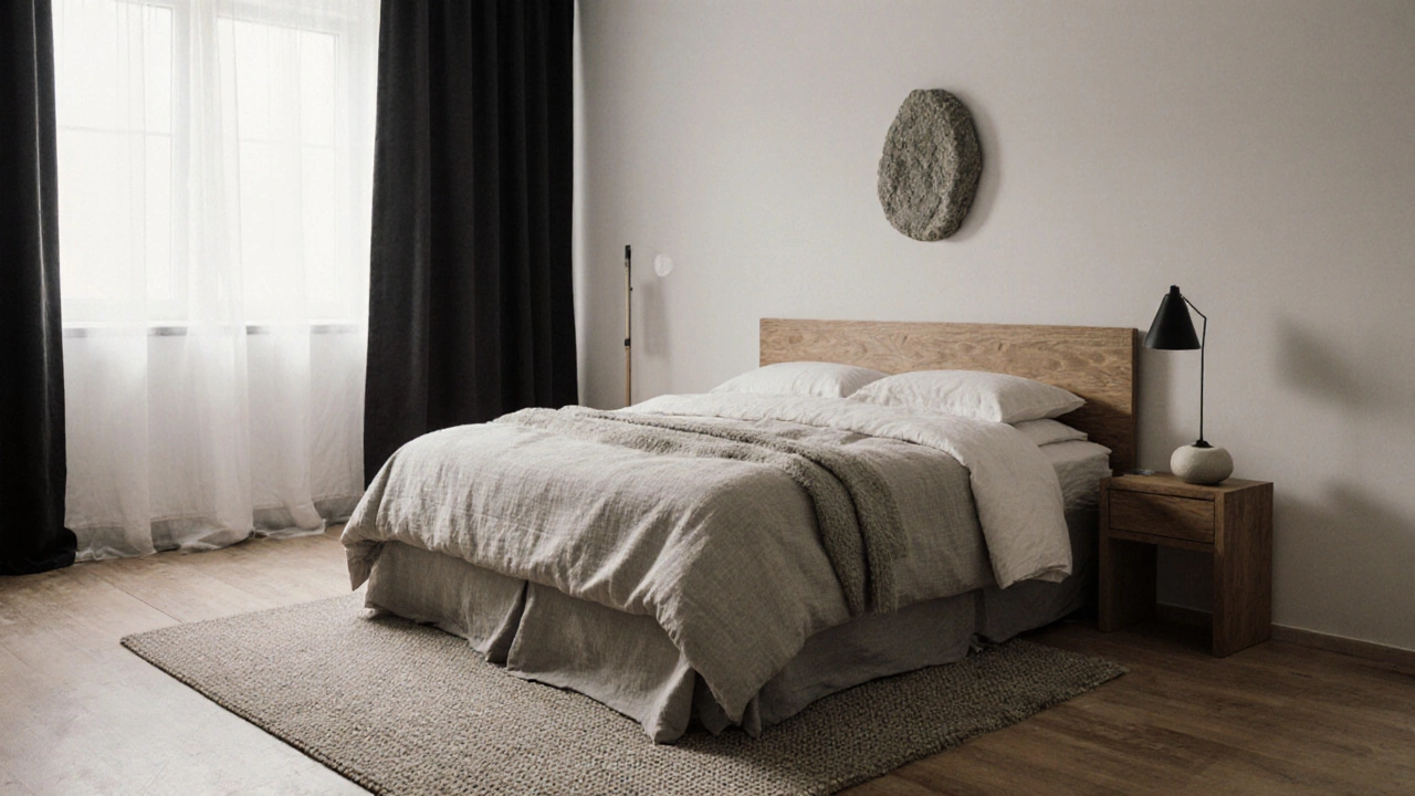 Prostranná ložnice s texturami dřeva, vlny a lnu, jednoduchým designem a jedním dekorativním kamenem, bez techniky a hluku.