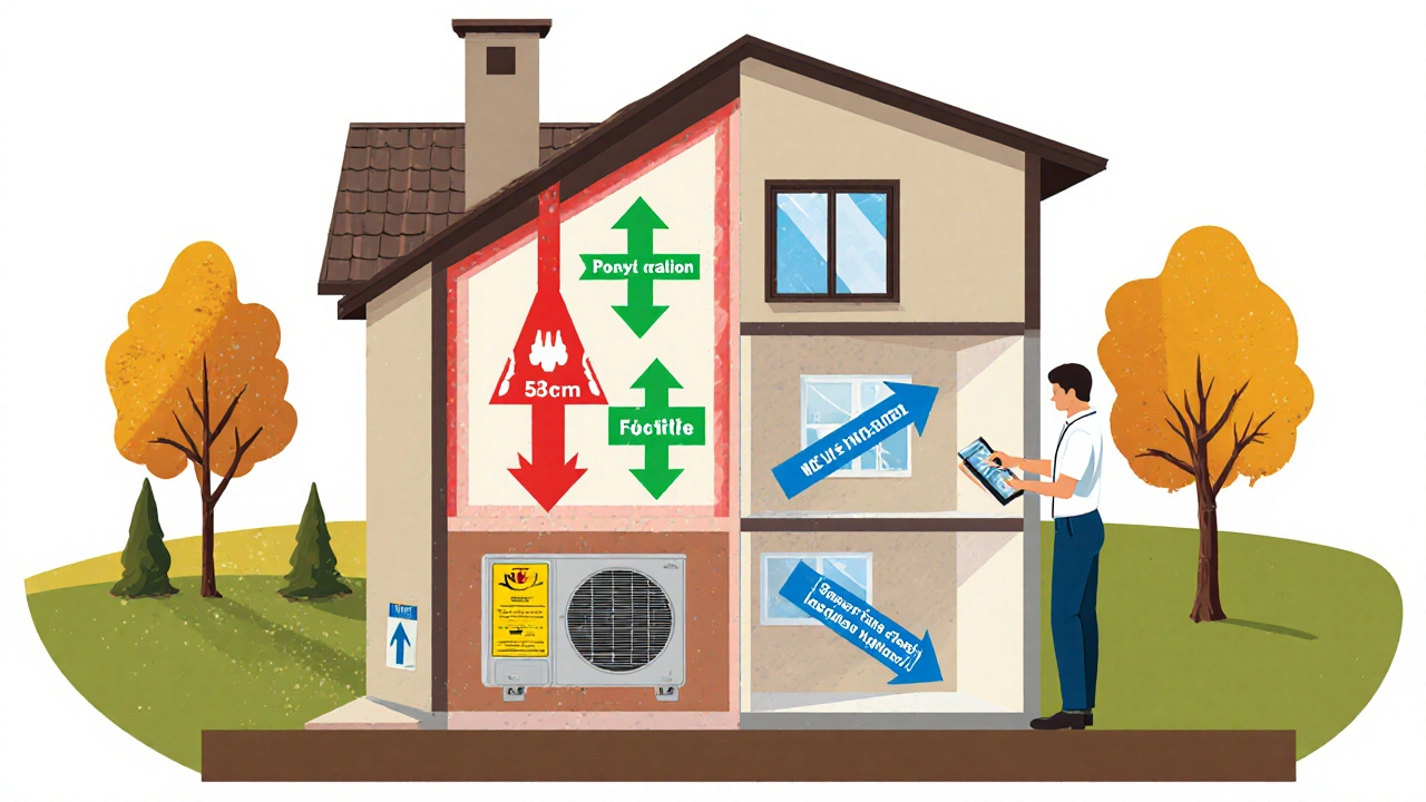 Průřez domu s barevně označenými ztrátami tepla a certifikovaným specialistou s tabletou.