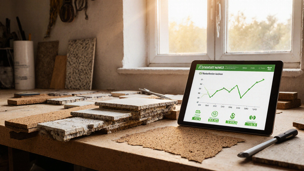 Recyklované stavební materiály na pracovním stole s grafem úspory a certifikáty.