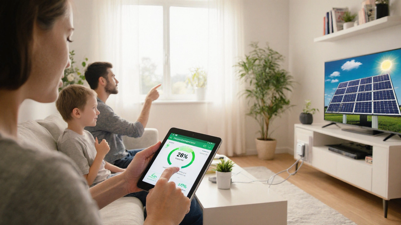 Rodina sleduje úspory energie na tabletu, zatímco chytrá zásuvka vypíná televizi.